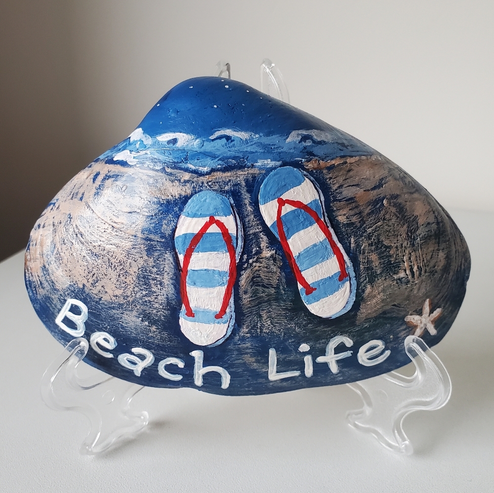 Original Coastal Beach Life Striped Flip-Flops Hand-Painted 4.75" Seashell